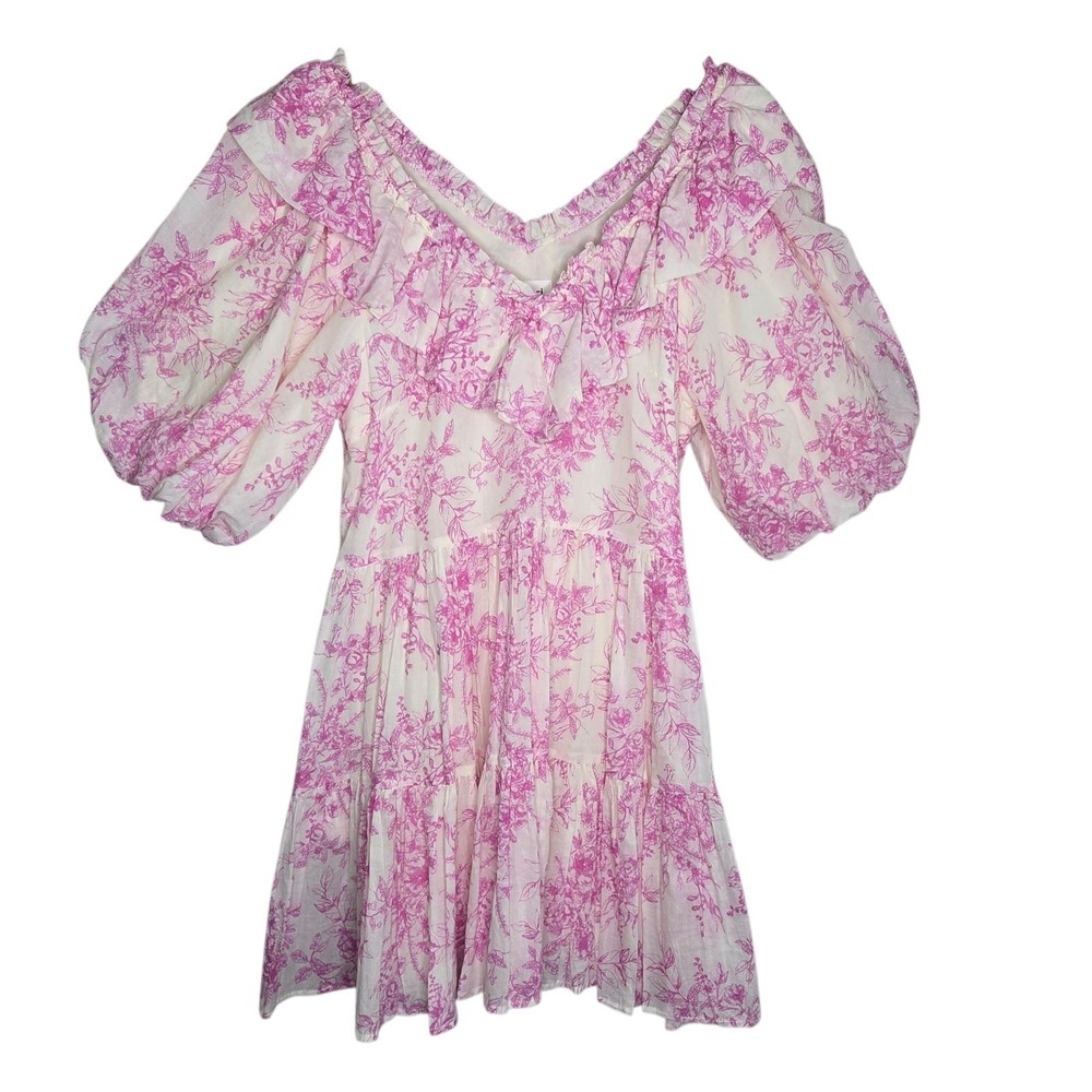 &Merci Womens Pink Floral Ruffled Cotton Mini Dress Puff Sleeve SZ M Coquette